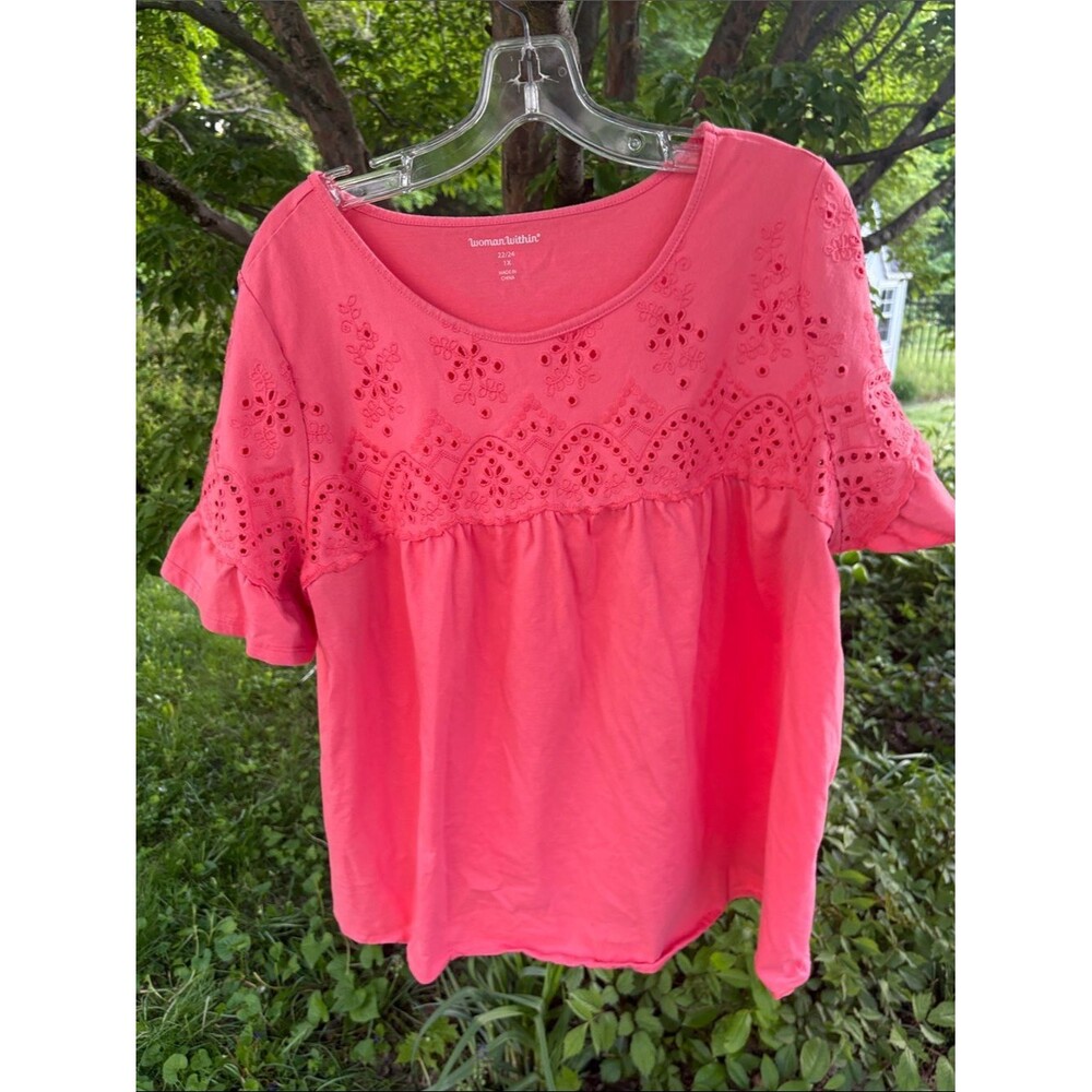 Woman Within Coral Eyelet Ruffle Sleeve Top